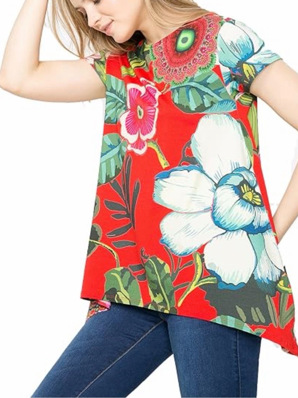 Desigual Red Floral Short Sleeve Tee with Blue & Green Accents